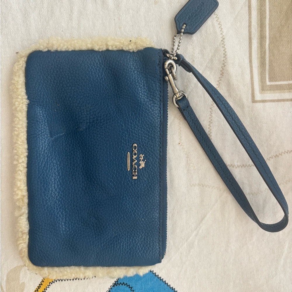Coach Navy Wristlet with Shearling Accent